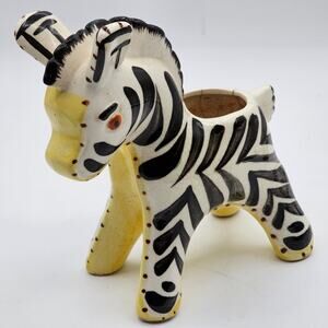 Vintage MCM Hand-Painted Zebra Planter Pot Ceramic Animal Decor Whimsical